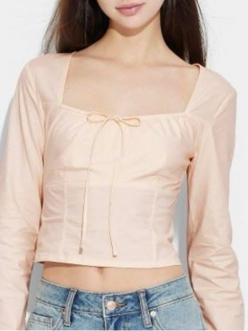 wild fable Peach Square-Neck Long Sleeve Crop Top with Front Tie